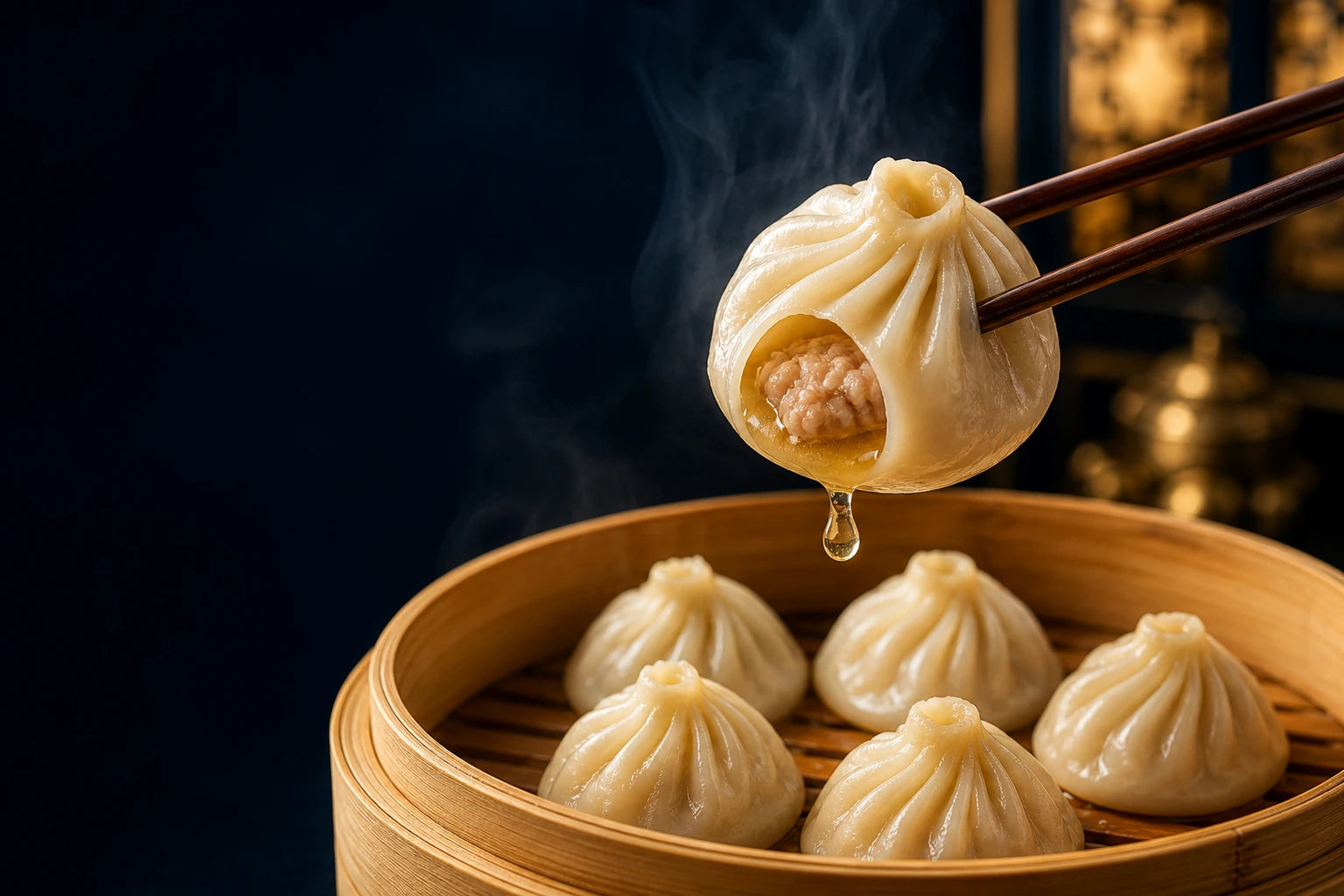 Freshly steamed SONOMA soup dumplings with rich broth